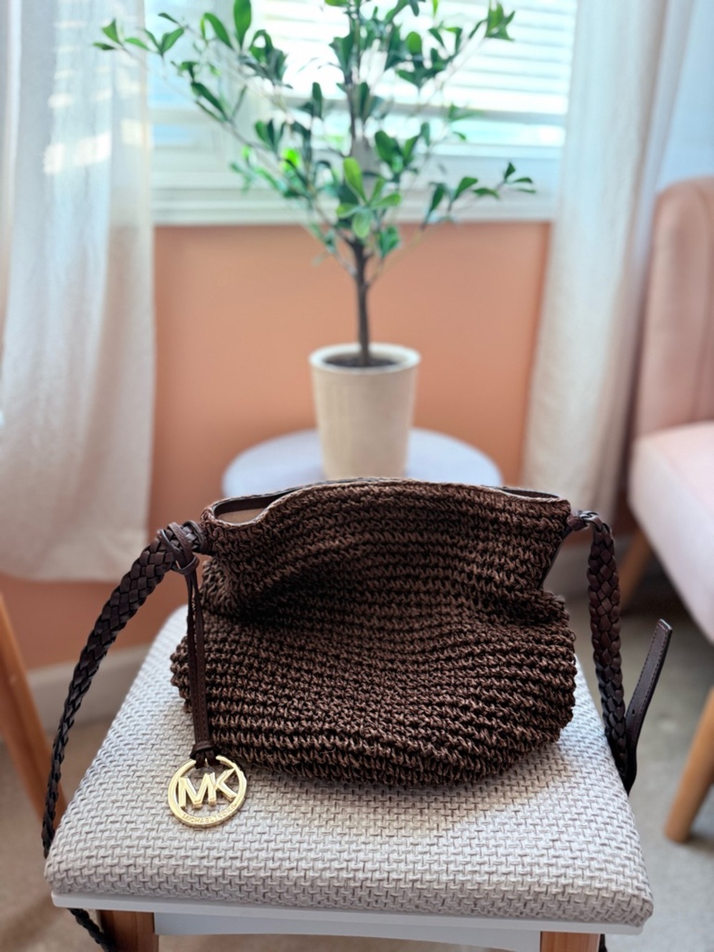 Michael Kors Brown Woven Shoulder Bag with Gold MK Charm